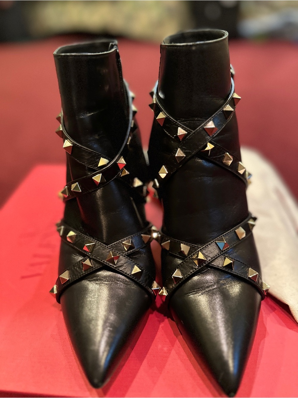 Valentino Garavani Black Leather Studded Pointed Ankle Boots